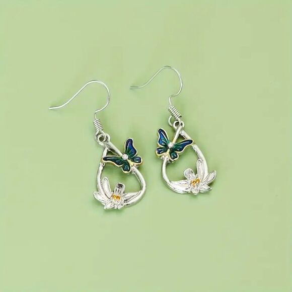New - Teardrop Shape Butterfly and Flower Hook Dangle Earrings - Picture 6 of 8